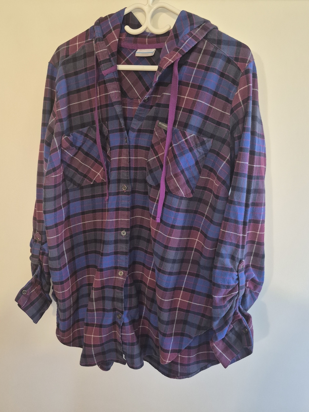 Purple & Blue Plaid Hooded Button-Up Shirt